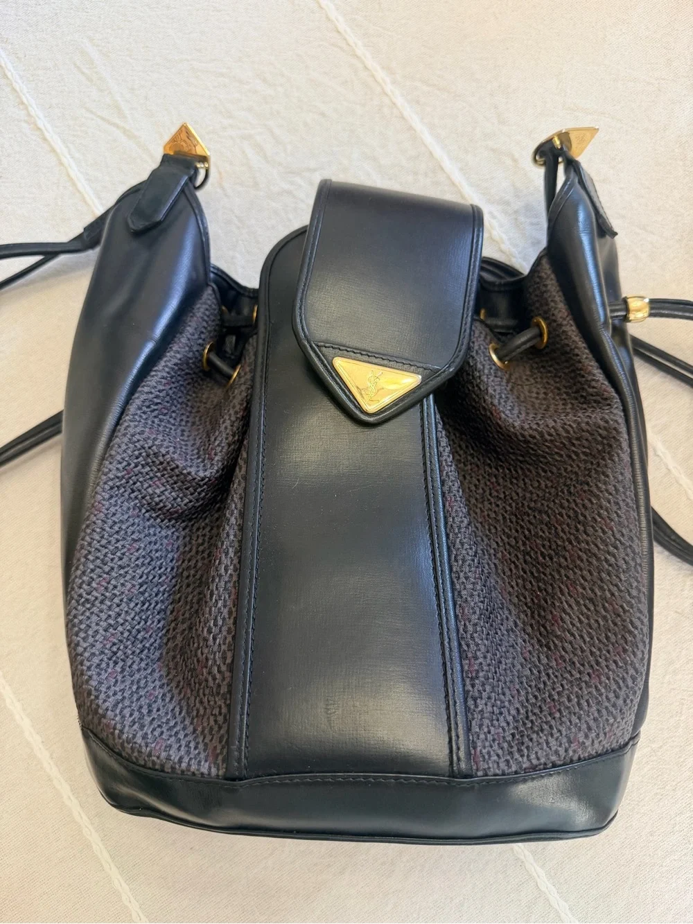 Yves Saint Laurent Black Leather and Tweed Shoulder bucket Drawstring Bag
